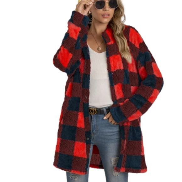 Jackets & Blazers - SHERPA Fleece Sweater Coat Shacket Buffalo Plaid Teddy Cardigan Jacket NEW! S-XL